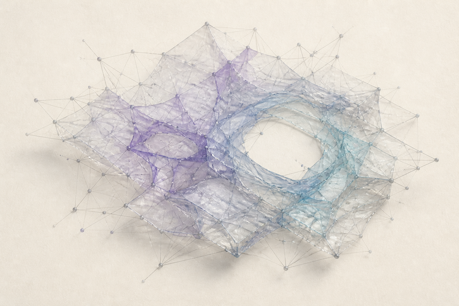 Conceptual translucent violet and cyan structure formed from linked filaments around an open void